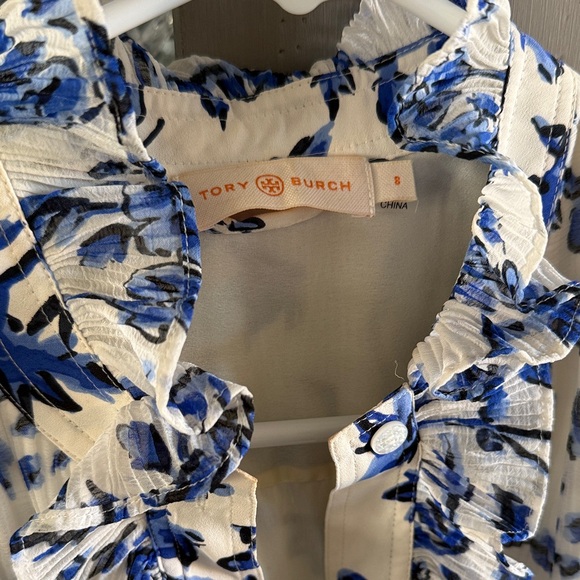 Tory Burch Blue and White Floral Ruffle Blouse - Picture 2 of 7